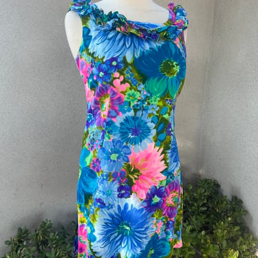 Vintage 70s Luau mini dress ruffle neck blue pink floral Sz Small by Walthah Clarke’s 