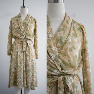 1970s Green and Brown Plaid Sheer Dress 