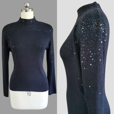 1990s Mock Neck Sweater with Metallic Thread and Iridescent Sequins - 60s Look Vintage Sweater - Women's Vintage Size XL 