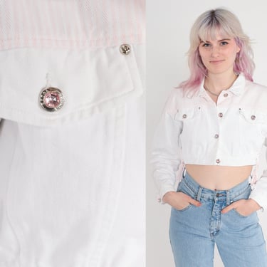 90s Cropped Jean Jacket -- White Denim Jacket Pink Striped Jacket Pastel Gem Buttons 80s Vintage 1990s Cropped Denim Crop Streetwear Small S 