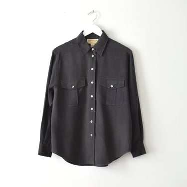 vintage silk blouse, 90s charcoal gray button down shirt 