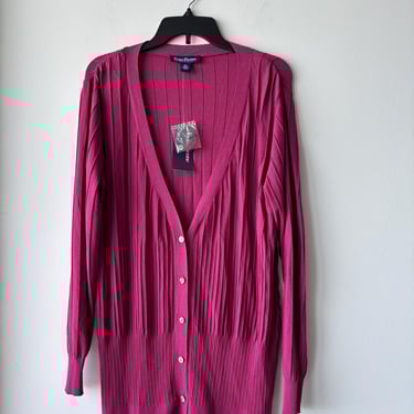 Vintage Evan Picone Knit Cardigan Ribbed V Neck Raspberry Magenta Women XL NWT 