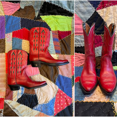 ACME BOOT 1950's/1960's Red Vintage Boots | Western Leather Inlay Boots | Cowgirl, Southwestern, Festival | Women's Size 6 