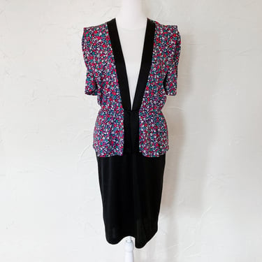 80s Abstract Floral Confetti Print Puff Sleeve Peplum Midi Dress | Medium 