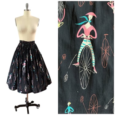 50s Original "Mime Time Bernadette" Novelty Print Skirt / 1950s Vintage Cotton Full Skirt / 30 inch waist 