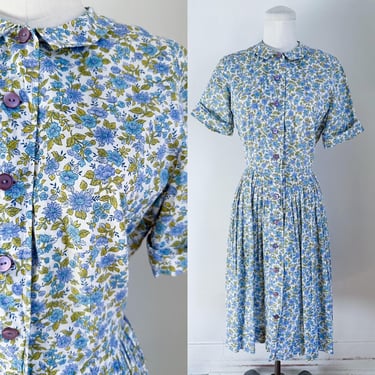 Vintage 1950s Nelly Don Blue Floral Shirt Dress / XS 