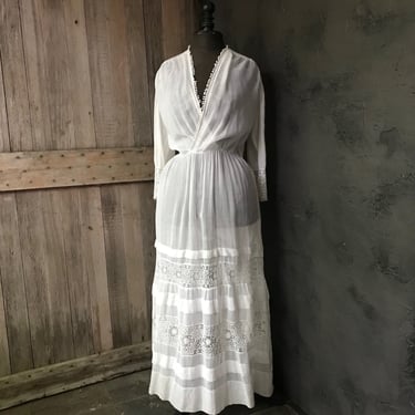 Edwardian White Cotton Tea Dress, Lace, Summer Garden Wedding Dress, Historical Period Clothing 