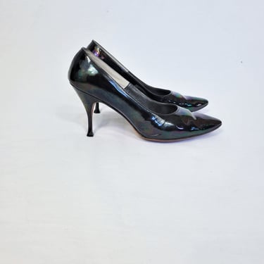 1950's Iridescent Black Patent Leather Pointy Stiletto Spike Heel Shoes I Sz 8.5 I Frank More 