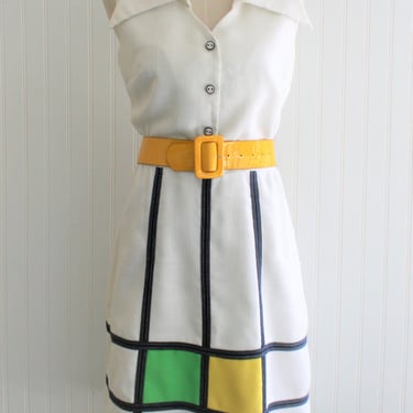 Mod - 1970s - Color Blocked - Shirt Dress - Linen - by Cover Girl of Miami - Estimated size 12 