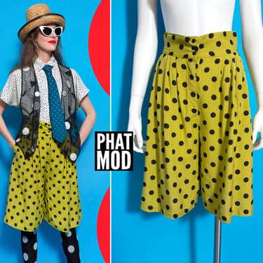 Pop Art Perfection Vintage 80s Chartreuse Green & Black Polka Dot Long Shorts 