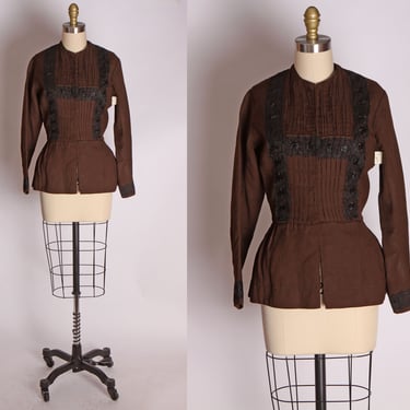 1800s Brown and Black Long Sleeve Lace Detail Hook and Eye Closure Victorian Blouse -L 