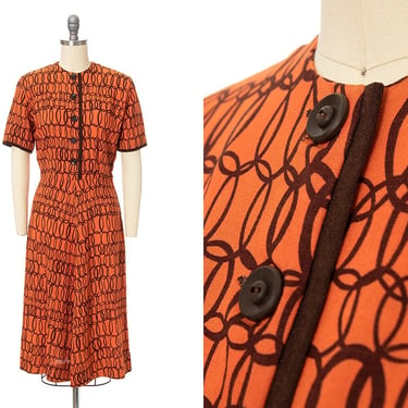 Vintage 1940s Shirt Dress | 40s Linen Novelty Print Geometric Orange Button Up Fit and Flare Shirtwaist Day Dress (small) 