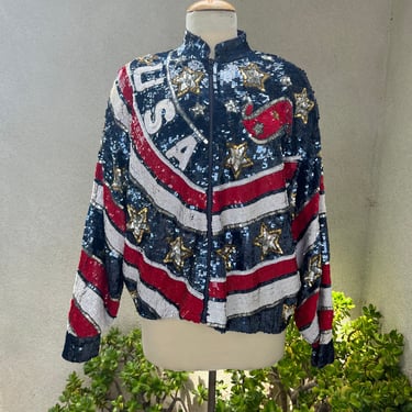 Vintage glam sequin bomber jacket USA theme Sz M/L Modi 