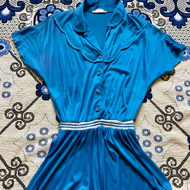 Vintage 40s 50s blue nylon short sleeve button up dress XS small by TimeBa