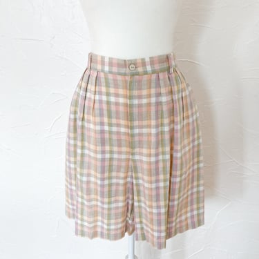 80s Rayon Linen Pastel Plaid High Waist Shorts | Medium/32