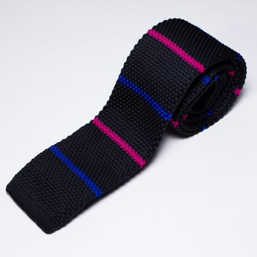 Retro Knit Necktie Black Striped Flat Tie 