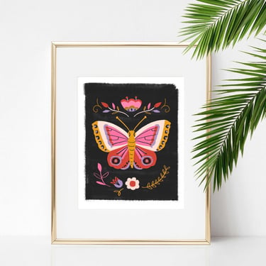 Black and Magenta Butterfly Art Print/ Modern Folk Art Woodland Giclee Print/ Insects and Moths Home Decor/ Moody Floral Illustration 