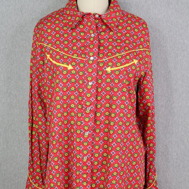 1970s - Red and Yellow Floral Pearl Snap Shirt - Western Shirt - Retro, Western Wear - by Cruel Girl - Size XL 