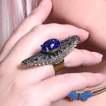 Fabulous Vintage Long Filigree Adjustable Ring with Blue Cabachon 