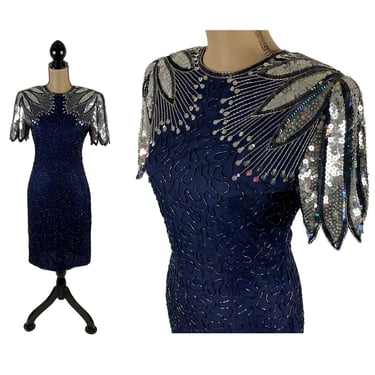 80s Art Deco Sequin Beaded Dress Small, Midnight Blue + Silver, Midi Short Sleeve Cocktail Party 1980s Clothes Women Vintage Lawrence Kazar 
