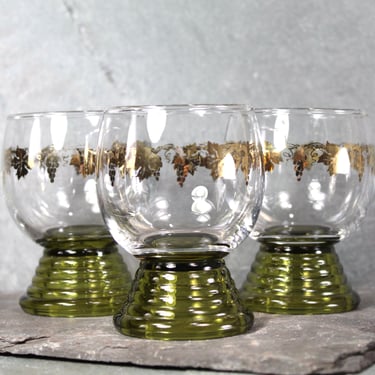 Mid-Century Cordial Glass Set of 3 | Leaves & Grapes Gold Leaf Design | Green Glass Base Cordial Glasses | Bixley Shop 