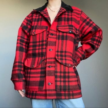 Vintage 60s Orvis Mackinaw Jacket Wool Style Coat Red Buffalo Plaid Coat Men XL 46R 