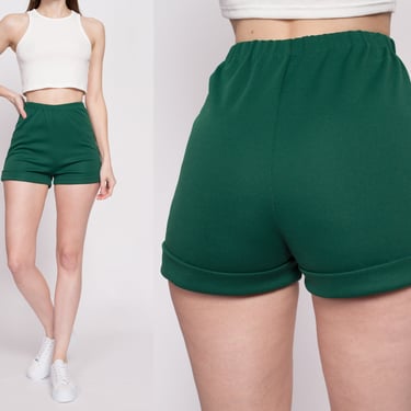 70s Forest Green High Waisted Shorts - Small | Vintage Stretchy Elastic Waist Cuffed Hot Pants 