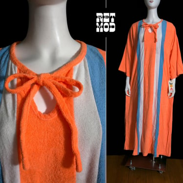 Deadstock BRIGHT Vintage 70s Neon Light Orange Blue White Stripe Terrycloth House Dress / Cover-Up / Caftan 
