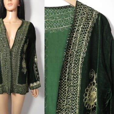 Vintage Hand Embroidered Green Velvet Jacket Size XS/S 