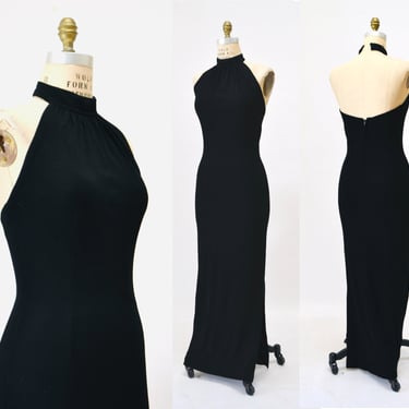 Vintage St. John Black Evening Gown Dress Sweater Knit Dress Black Long St John Dress size XS Small Halter Neck Black Dress 