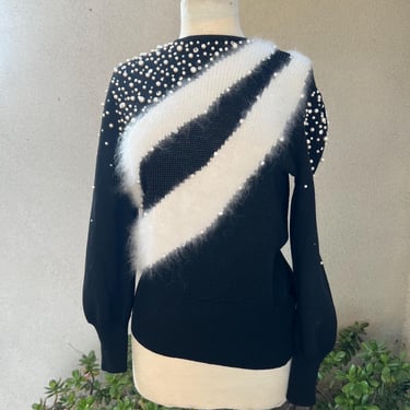 Vintage 80s fancy knit sweater top black with white mohair faux pearl beads rhinestones Sz S/M Cache. 