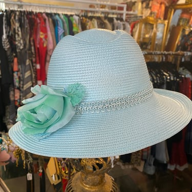 1980s straw hat, baby blue, vintage fedora, hat with flower, summer, wide brim, 80s accessories, vintage millinery, preppy style 