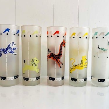 Vintage Tall Frosted Carousel Glasses Libbey Merry Go Round Bar Barware Tom Collins Zombie Coctail Glass Animals Set 5 Mid Century 1950s 50s 