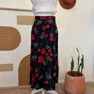 Vintage 90s Sag Harbor Black Rayon Button Front Red Floral Print Midi Skirt - M 