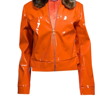 Staud - Orange Faux Patent Leather Jacket w/ Faux Fur Collar Sz M