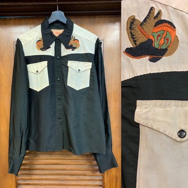 Vintage 1950’s Style Black & Cream Western Cowboy Embroidered Satin Rockabilly Shirt, Vintage Clothing, Western Shirt, Vintage 1950's Style 