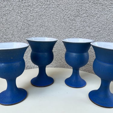 Vintage set 4 wine goblets cups blue white pottery size 5 1/4” x 3.5” 