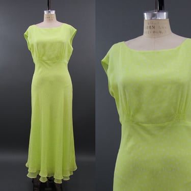 Y2K/90s Lime Green & Polka Dot Dress, Vintage Y2K Silk Dress, Silk Maxi Dress, 1990s 90s, Size Medium, Dress Size 12 by Mo