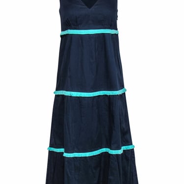 Sail to Sable - Navy Sleeveless Cotton Maxi Dress w/ Turquoise Fringe Sz XS