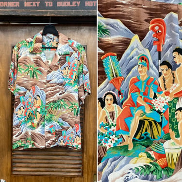 Vintage 1950’s Original “Pali” Eugene Savage Design Rayon Hawaiian Shirt, Matching Pocket, 50’s Loop Collar, Vintage Clothing 