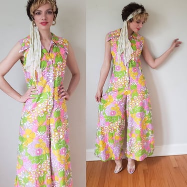 1960s Palazzo Pants Jumpsuit Psychedelic Floral Print / 60s Button Down Cotton Print Neon Flowers Pattern Marshall Fields / M L\ 
