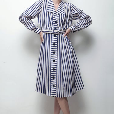 shadow striped 70s shirtwaist duster dress blue tan stripe print belted long sleeve LARGE L 