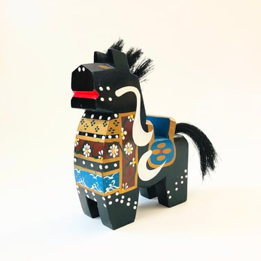 Vintage Japanese Folk Art Black Wood Horse 