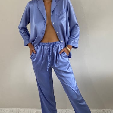 90s silk charmeuse pant suit / vintage periwinkle lavender liquid silk charmeuse satin pant suit PJs pajamas loungewear matching set | M 