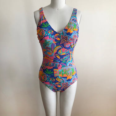 Colorful Fish Print Swimsuit/Bodysuit - 1980s 