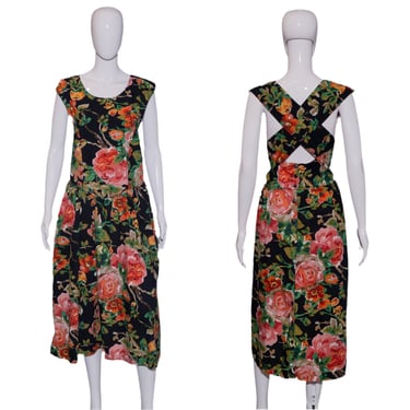 1980's Floral Cotton Criss-Cross Dress - Size M