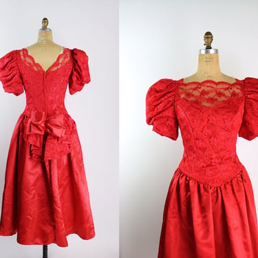80s Red Lace Party Dress / Vintage Red Dress / 1980s / Red Prom Dress / Size S/M 