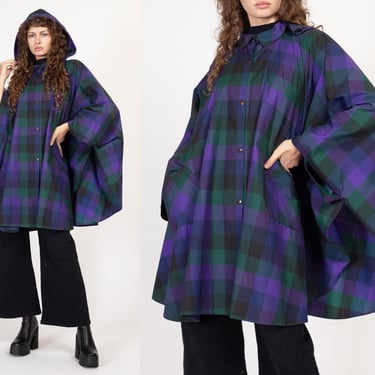 One Size 90s Purple Plaid Hooded Rain Poncho | Vintage Cotton Oversized Raincoat 