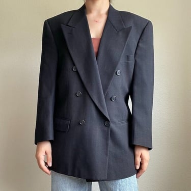 Vintage Oversized Christian Dior Navy Blue Double Breasted Striped Wool Blazer 