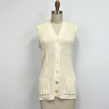 Vintage 60s Button Up Sweater Vest | Longer Ecru Sweater Vest with Pockets | Size Small to Medium 